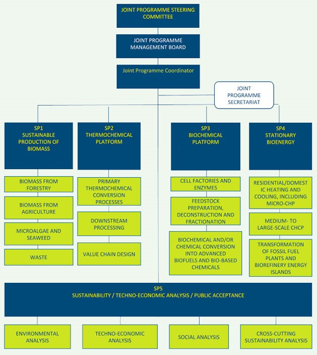 Organigrama de un programa conjunto con comités de dirección y gestión, coordinador central y cinco áreas estratégicas sobre biomasa, plataformas termoquímicas, bioquímicas, bioenergía y sostenibilidad.